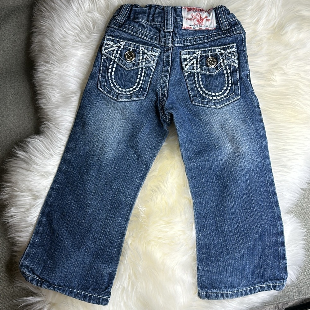 🎀True Religion Jeans Blue Adjustable denim jeans Size 3 thick white stitching